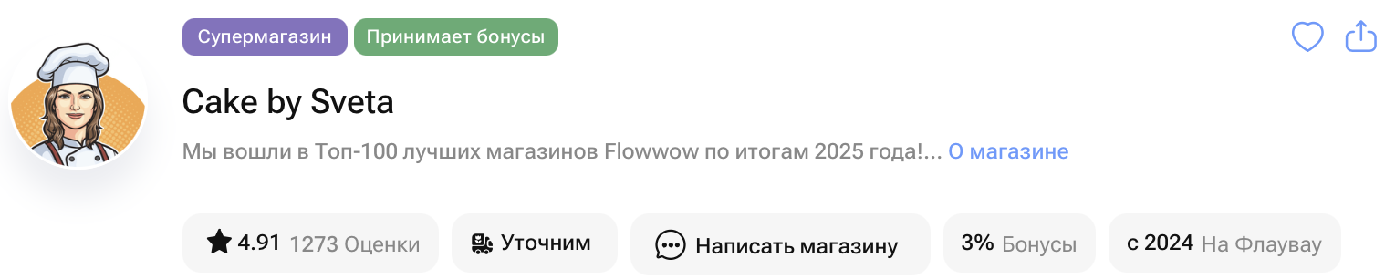 Магазин Cake by Sveta на Flowwow: рейтинг 4.91, 1273 оценки, Топ-100 по итогам 2025 года